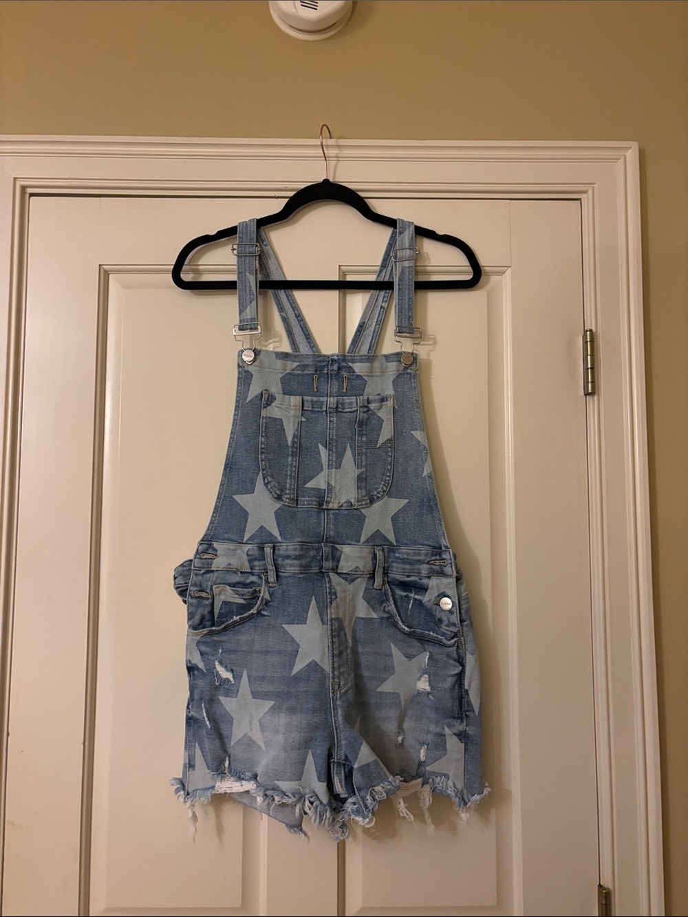Kids Star-Print Denim Short Overalls - Light Blue